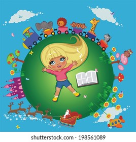 Funny cartoon girl with book in the world of fantasy