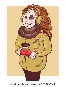 Funny cartoon girl with a coffee cup. Vector illustration. 
