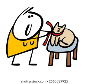 Funny cartoon girl dresses up a pet. Vector illustration of a woman tying a bow around the neck of a domestic cat, preparing for an exhibition. Isolated character on white background.