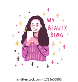 Funny cartoon girl with facial mask creating content for vlog or blog vector flat illustration. Female beauty blogger shooting video use smartphone isolated on white. Woman social media influencer