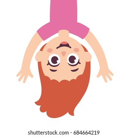 Funny cartoon girl hanging upside down. Cute vector drawing.