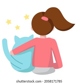 Funny Cartoon Girl And Her Cat Sitting And Watching To Stars. Back View. Flat Style Illustration For Sticker Pack, Emoji. Best Friends, Home Pets Concept. Print For Textile, Banner, Cards, Decor