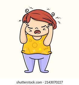 Funny cartoon girl holding her head. Headache or migraine concept. Overworked woman.