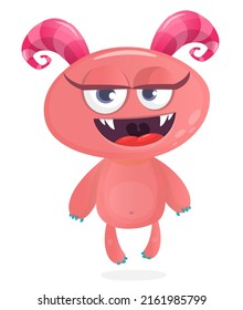 Funny cartoon girl monster creature. Halloween Illustration of happy alien character. Package or logo design. Vector isolated