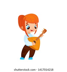 Funny cartoon girl with music instrumentin children's style. Vector illustrations for children books or posters.
