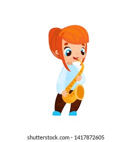 Funny cartoon girl with music instrumentin children's style. Vector illustrations for children books or posters.
