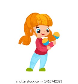 Funny cartoon girl with music instrumentin children's style. Vector illustrations for children books, posters or stickers