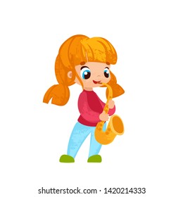 Funny cartoon girl with music instrumentin children's style. Vector illustrations for children books or posters.

