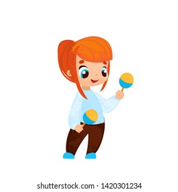 Funny cartoon girl with music instrumentin children's style. Vector illustrations for children books, posters or stickers