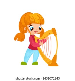 Funny cartoon girl with music instrumentin children's style. Vector illustrations for children books or posters.
