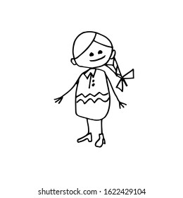 Funny cartoon girl with a pigtail.  Character sketch, Doodle illustration. Vector.
