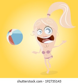 funny cartoon girl is playing beach ball