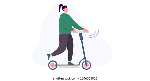 Funny cartoon girl riding kick scooter isolated on white background. Happy teenage colorful woman ride on wheel transport outdoor side view vector flat illustration