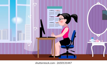 Funny cartoon girl sitting in an office chair at the computer in the lilac home room. Drawing in flat style. Vector illustration