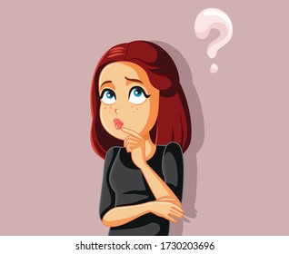 Funny Cartoon Girl Thinking Having Many Questions. Puzzled young woman having doubts feeling uncertain 
