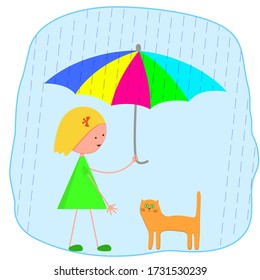 A funny cartoon girl with an umbrella covers a cat from the rain. Vector illustration.Flat style. Girl with umbrella and cat