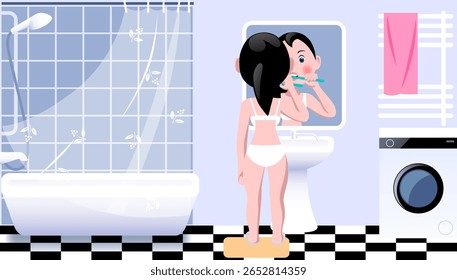Funny cartoon girl in underwear brushing her teeth in front of a mirror with her reflection in a bright bathroom with a checkerboard floor. Vector 
illustration in flat cartoon style