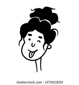 Funny cartoon girl winks and shows tongue. Head and face of cute young woman. Emotional facial expression. Black and white icon character mascot for logo, emblem, label, sign, avatar, profile picture