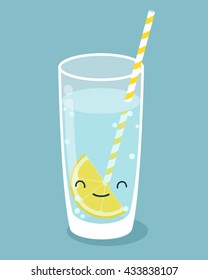 Funny cartoon glass of pure water with lemon. Vector illustration.