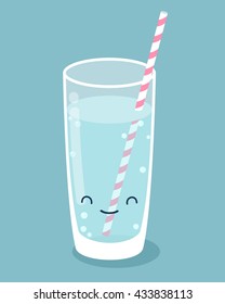 Funny cartoon glass of pure water with straw. Vector illustration.