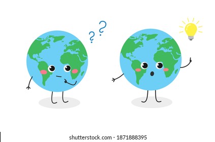 Funny cartoon globe character finding creative idea concept with question mark and lightbulb symbol. Vector flat illustration isolated on white background 