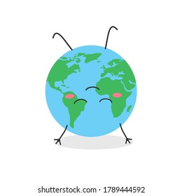 Funny cartoon globe character meditating upside down  Vector flat illustration isolated white background 