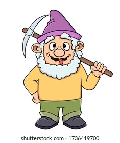 Funny cartoon gnome teasing shows tongue with a pickaxe in his hands.Vector isolated on white background. Stock illustration