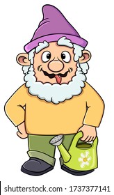 Funny cartoon gnome teasing shows tongue with a garden watering can. Vector isolated on white background. Stock illustration