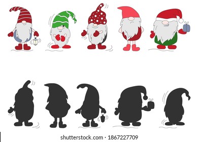 Funny cartoon gnomes. Find the correct shadow. Educational game for children isolated on white background. Vector illustration.