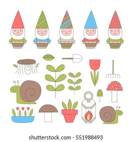 Funny cartoon gnomes, mushrooms, snails and flowers 