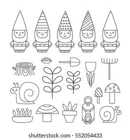 Funny cartoon gnomes, mushrooms, snails and flowers 