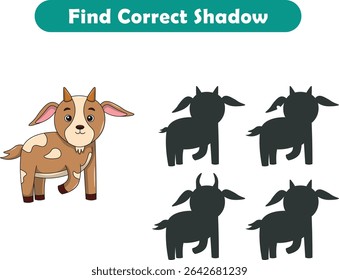 Funny cartoon goat. find the correct shadow. Kids Education games. Cartoon vector illustration