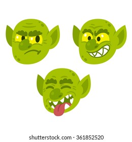 Funny cartoon goblin or troll face with different expressions. Vector character illustration.