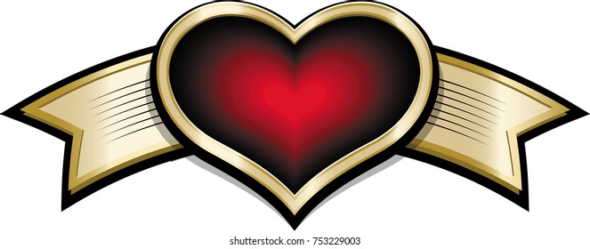 Funny cartoon gold shining banner with red purple heart.