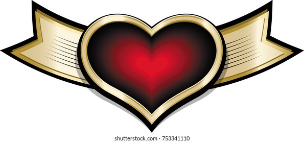 Funny cartoon gold shining banner with red purple heart.