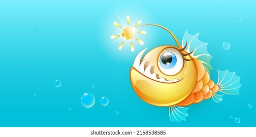 Funny cartoon golden anglerfish with sun lure. Sea animals. Sea fish. Summer concept.