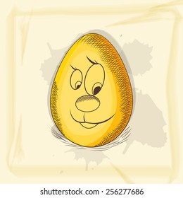 Funny cartoon of a golden egg on grungy background for Happy Easter celebration.