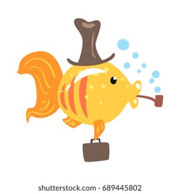 Funny cartoon golden fish in a hat with briefcase smoking pipe colorful character vector Illustration