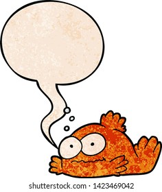 funny cartoon goldfish with speech bubble in retro texture style