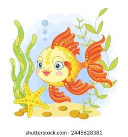 Funny, cartoon goldfish and starfish in the sea. For children's design, prints, posters, cards, stickers, puzzles, etc. Vector illustration
