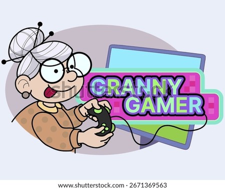 Funny cartoon. Granny gamer. Vector illustration