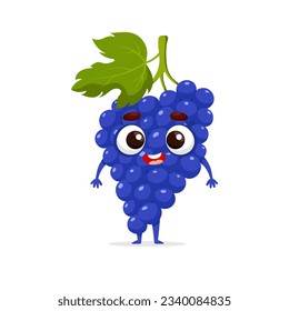 Funny cartoon grape. Kawaii fruit character. Vector food illustration isolated on white background.
