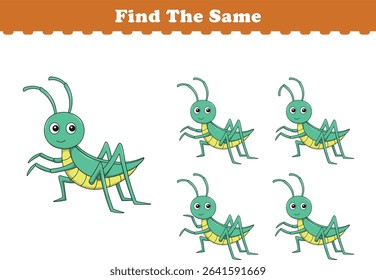 Funny cartoon grasshopper. Find same pictures. Educational game for children. Cartoon vector illustration