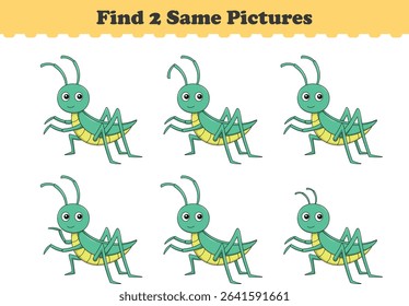 Funny cartoon grasshopper. Find two same pictures. Educational game for children. Cartoon vector illustration