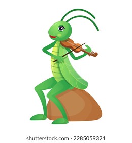  Funny cartoon grasshopper.Grasshopper playing the violin. Cartoon grasshopper for children on a white background