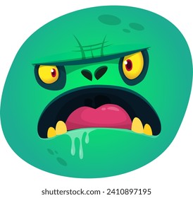 Funny cartoon green or alien monster face.  Illustration of cute and scary monster expression.
 Halloween design.