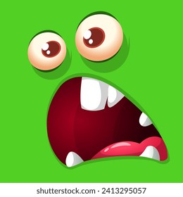 Funny cartoon green or alien monster face.  Illustration of cute and scary monster expression.
 Halloween design.