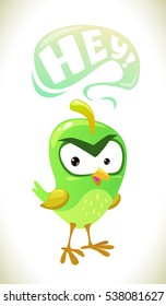 Funny cartoon green bird with speech bubble. Comic vector illustration