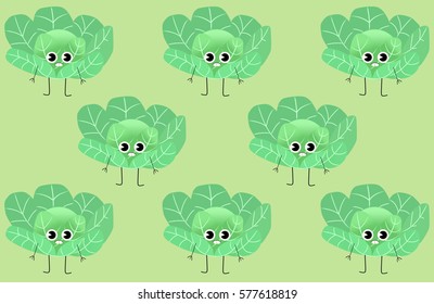 Funny cartoon green cabbage pattern on a blue background. Fresh and bright vegetable - Vector Illustration