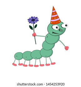 funny cartoon green caterpillar in a festive cap holds a blue flower in his hand.